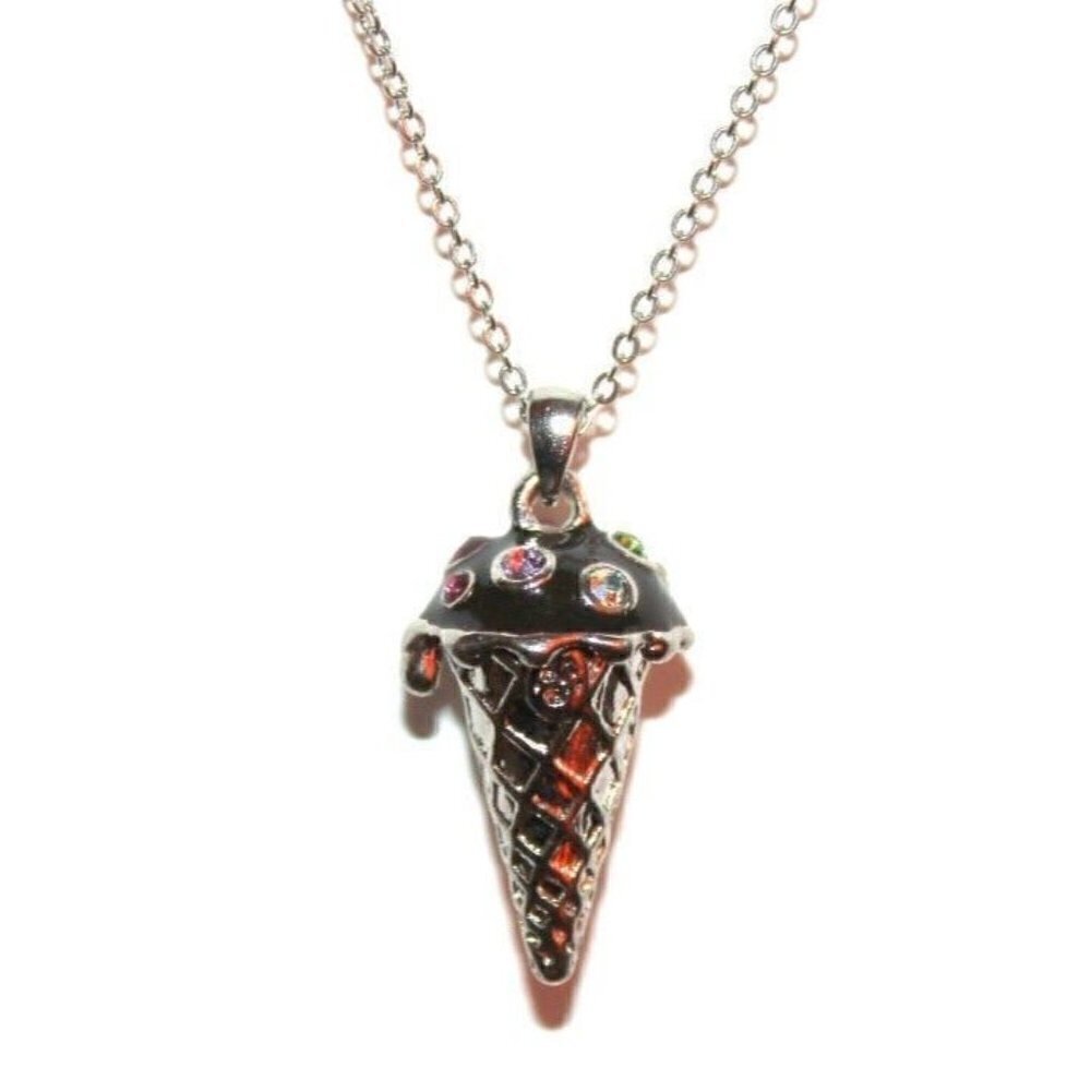 Girls Fun Chocolate Dark Ice Cream Cone Silver Necklace Dessert Sprinkle Colors